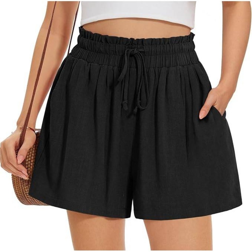 UEU Shorts Women XL Black Linen Blend Smocked High Waist Drawstring Relaxed Fit
